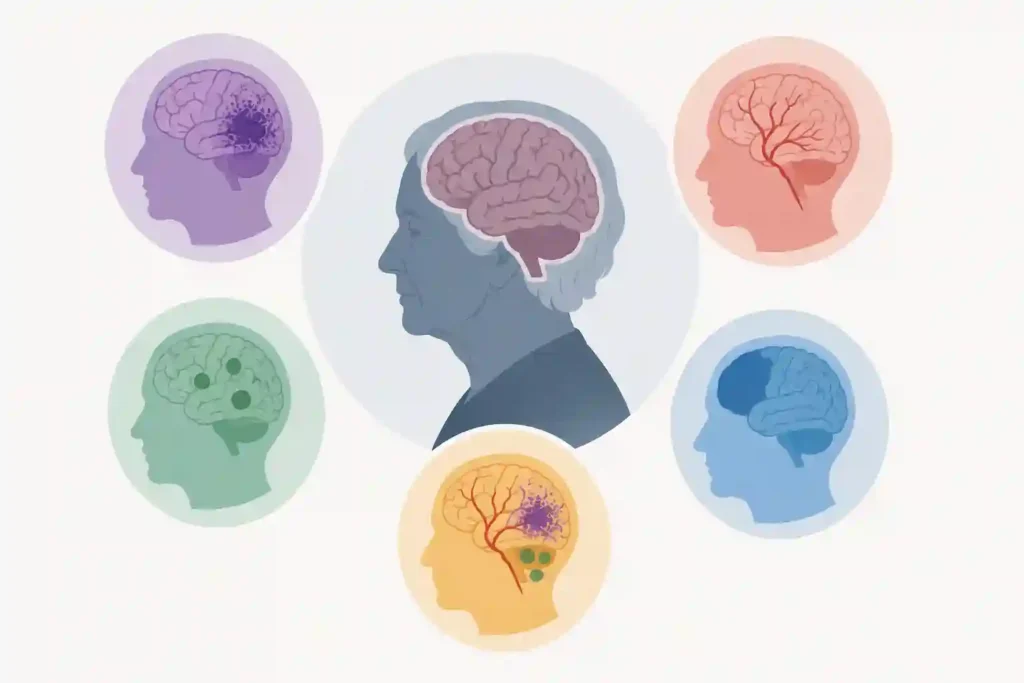 Illustration of different types of dementia, including Alzheimer’s, vascular, Lewy body, frontotemporal, and mixed dementia.