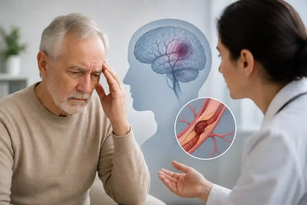 Older adult experiencing vascular dementia symptoms, with a healthcare professional discussing memory, thinking, and cognitive changes.