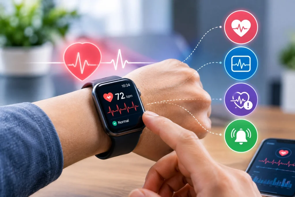Smartwatch displaying heart rate and health metrics for real-time heart monitoring, irregular heartbeat alerts, and cardiovascular health tracking.