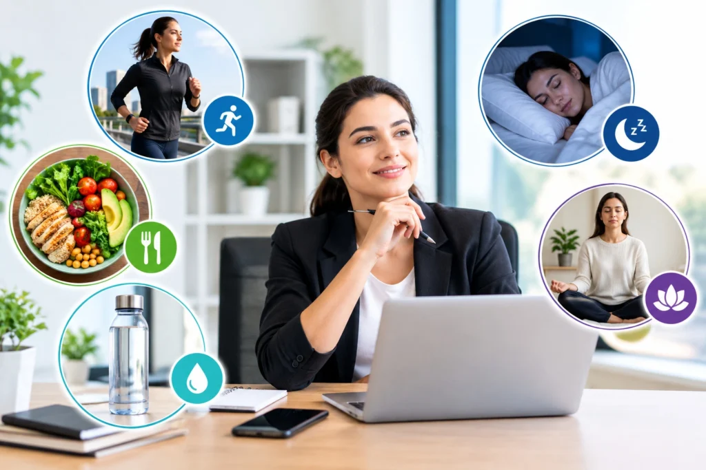 Busy professional balancing work and healthy habits through exercise, nutritious food, hydration, and relaxation.
