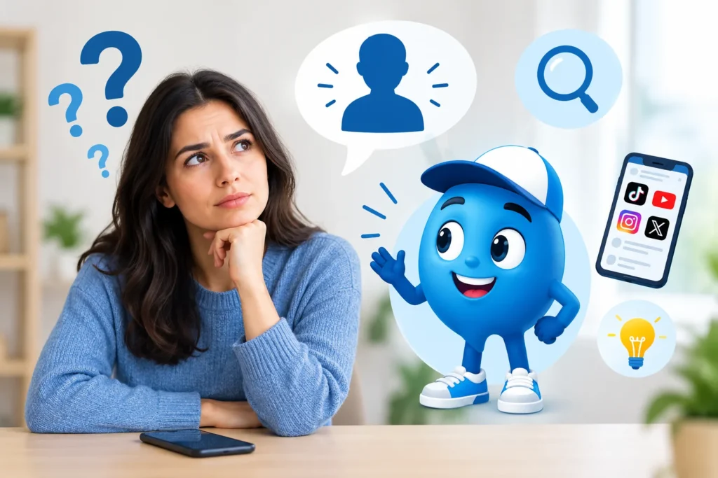 A curious woman exploring the meaning of the viral phrase Diabeto, represented by a friendly blue cartoon mascot and social media icons.