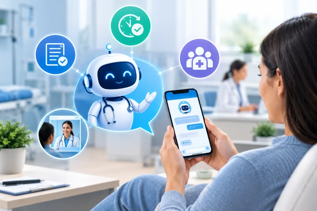AI-powered healthcare chatbot assisting a patient through a smartphone, illustrating improved efficiency, accuracy, and accessibility in healthcare services.