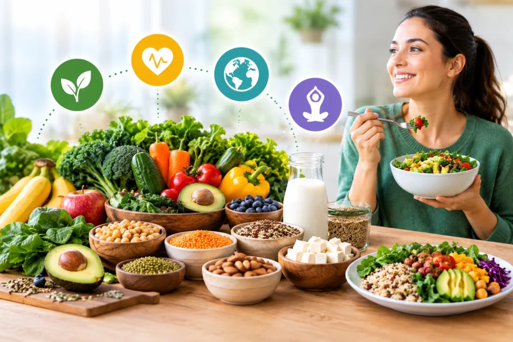A variety of plant-based foods, including fresh vegetables, fruits, leafy greens, legumes, whole grains, nuts, seeds, and tofu, illustrating a healthy plant-based diet.