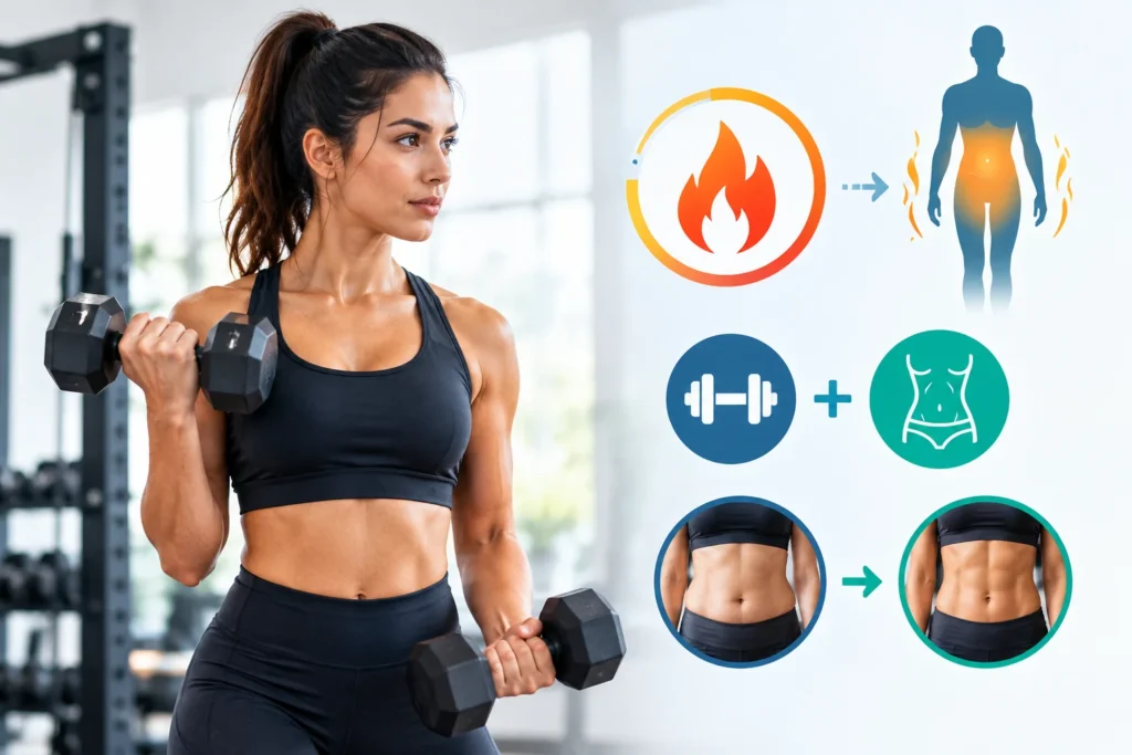 Woman performing dumbbell strength training in a gym, illustrating calorie burning, fat loss, muscle building, and body recomposition.