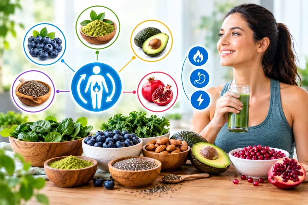 An assortment of metabolism-boosting superfoods arranged on a wooden tabletop.